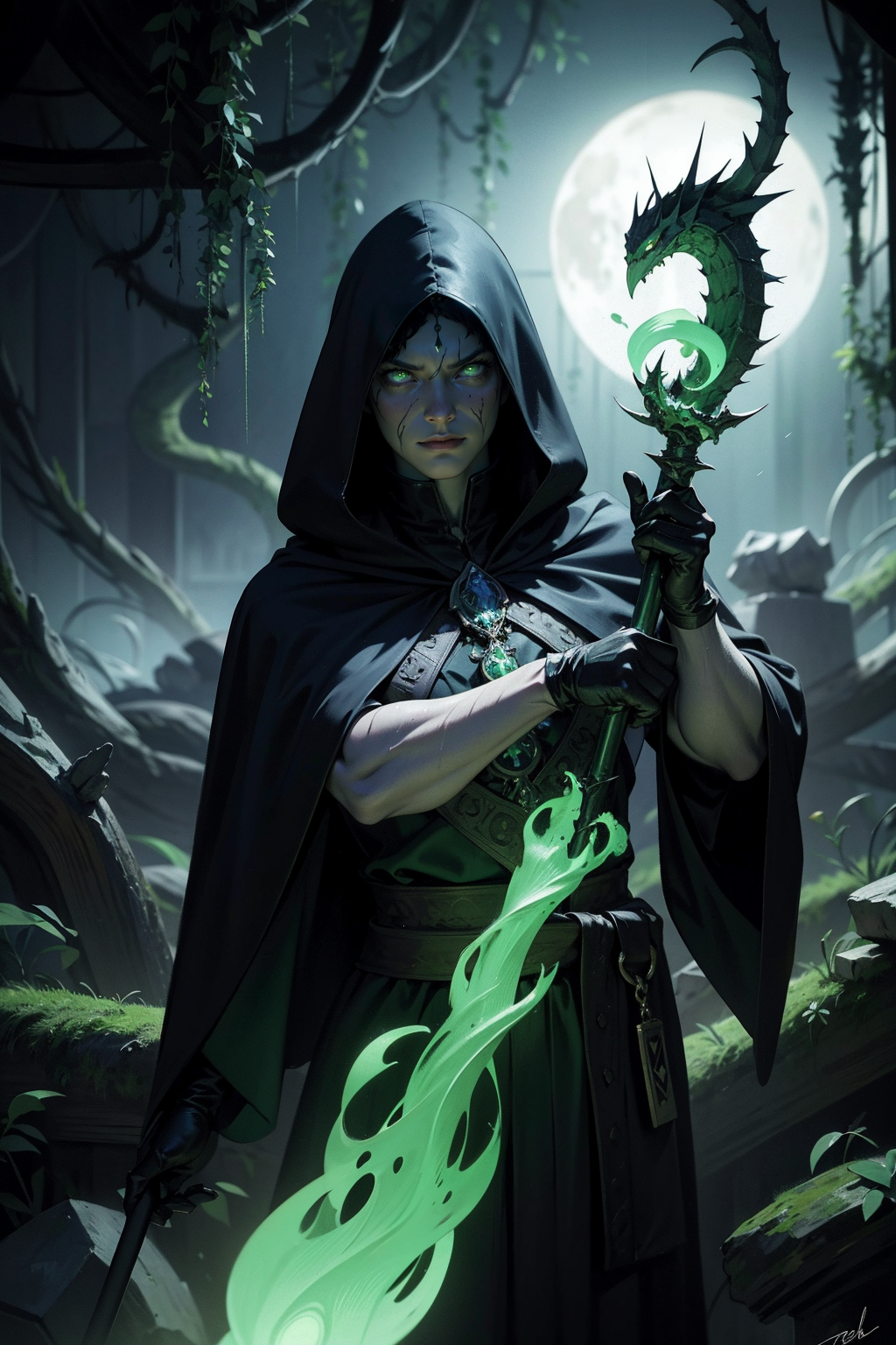 00002-3996269517-venomous sorcerer,ominous dark robes,glowing green eyes,holding a staff with a serpent design,mystical green flames,poisonous mi.png